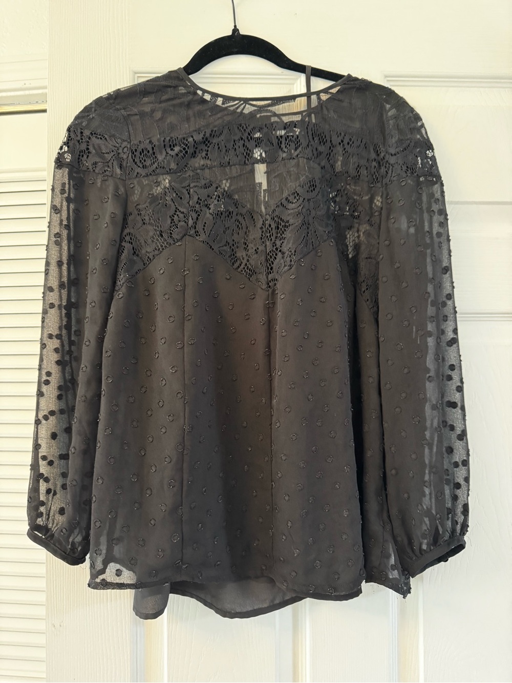 Anthropologie HD in Paris Black Sheer Dot & Lace Yoke Blouse Size 12 Large